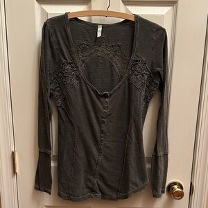Free People Charcoal Lace Accent Long Sleeve Top